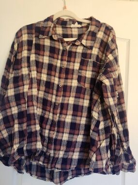 easel Womens Plaid Button-Down Shirt in Navy, Cream & Purple L EUC